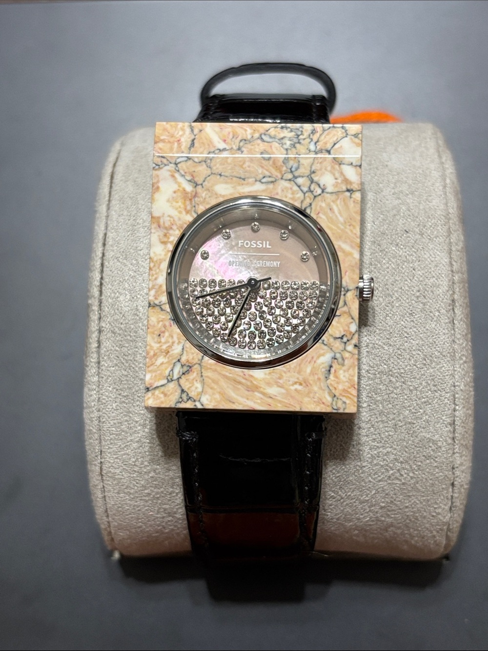 Fossil Pink Mother-of-Pearl Dial Marble-Effect Square Watch with Black Strap